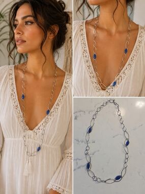Long Silver-Link Necklace with Deep Blue Stone Accents